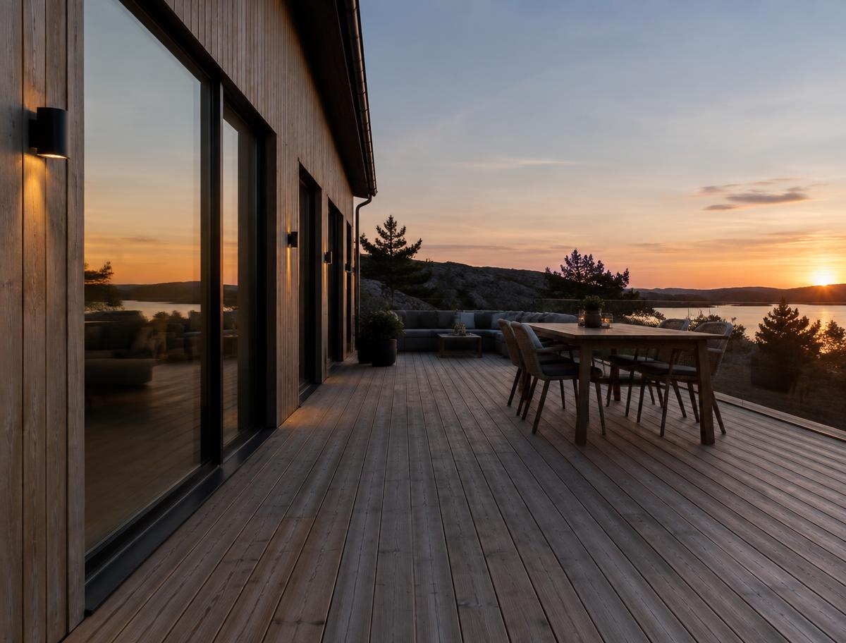 Stor trætterrasse ved moderne hus i aftenlys