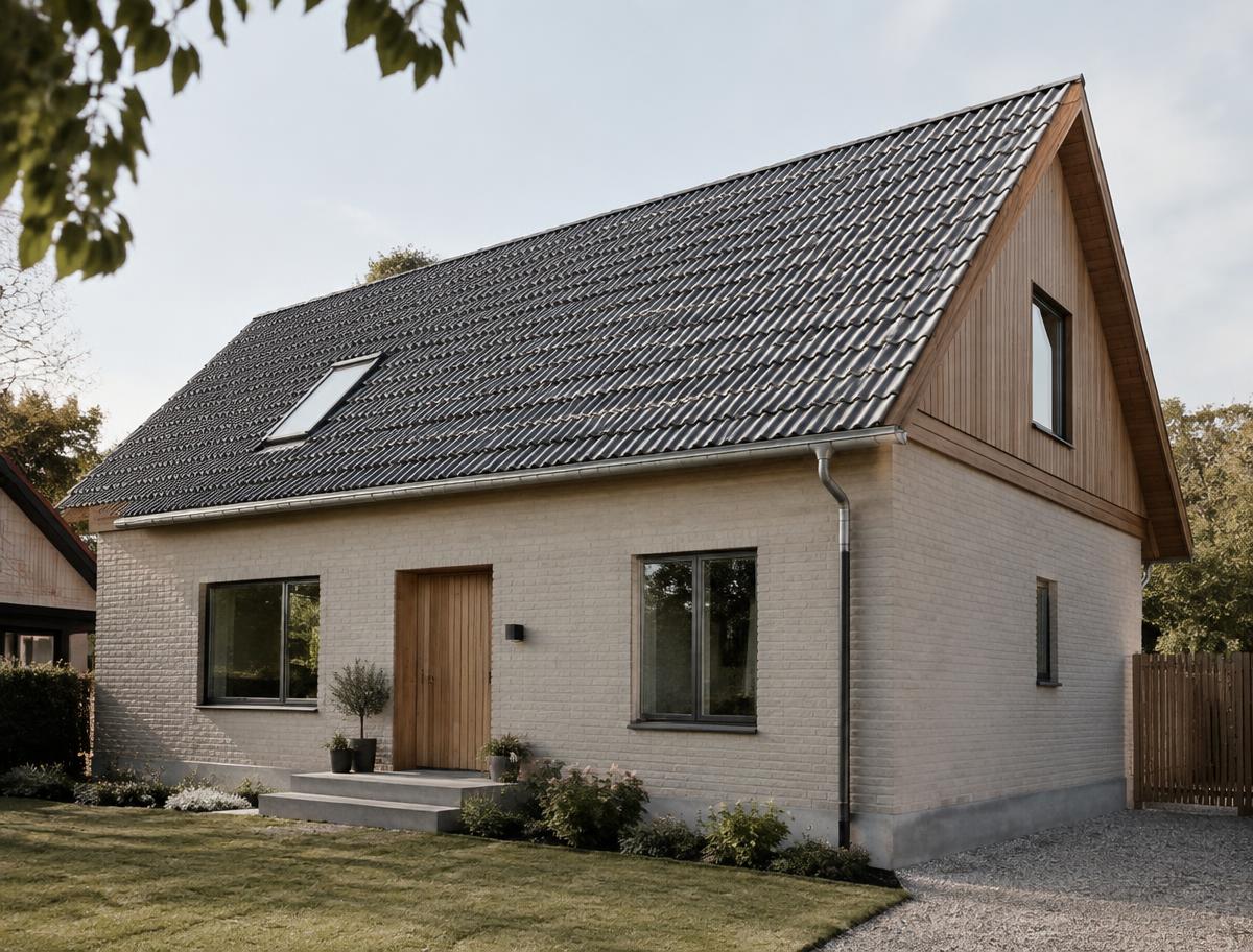 Renoveret dansk villa med nye trædetaljer i facaden